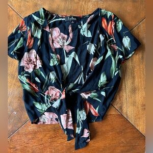 Lulu's Black and Pink Floral Tie Front Crop Top